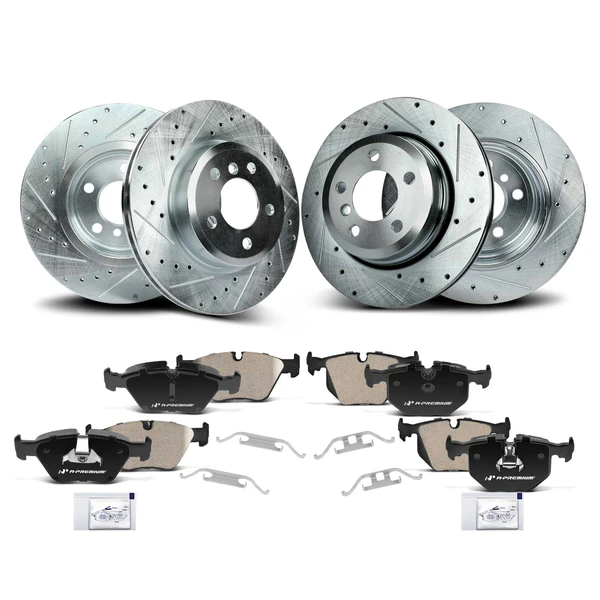 2004-2010 BMW X3 Drilled & Slotted Disc Brake Rotors and Ceramic Pads Kit, 12 Pcs, Front & Rear, A-Premium, APBRPS1045