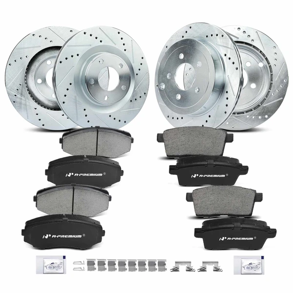 Drilled & Slotted Disc Brake Rotors and Ceramic Pads Kit, 12 Pcs, Front & Rear, A-Premium, APBRPS161