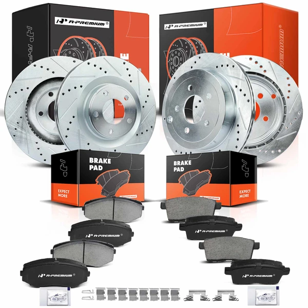 2007-2010 Lincoln MKX Drilled & Slotted Disc Brake Rotors and Ceramic Pads Kit, 12 Pcs, Front & Rear, A-Premium, APBRPS161