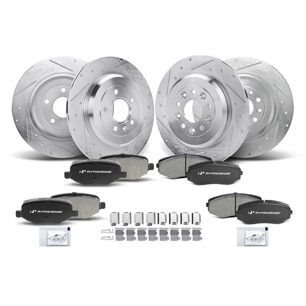 Drilled & Slotted Disc Brake Rotors and Ceramic Pads Kit, 12 Pcs, Front & Rear, A-Premium, APBRPS252