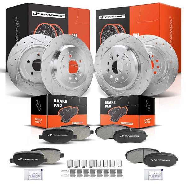 2011-2015 Lincoln MKX Drilled & Slotted Disc Brake Rotors and Ceramic Pads Kit, 12 Pcs, Front & Rear, A-Premium, APBRPS252