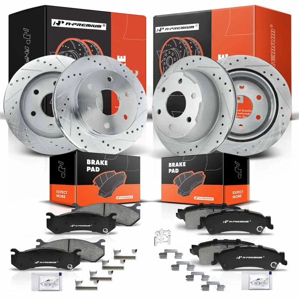 2003-2005 GMC Safari Drilled & Slotted Disc Brake Rotors and Ceramic Pads Kit, 12 Pcs, Front & Rear, A-Premium, APBRPS162