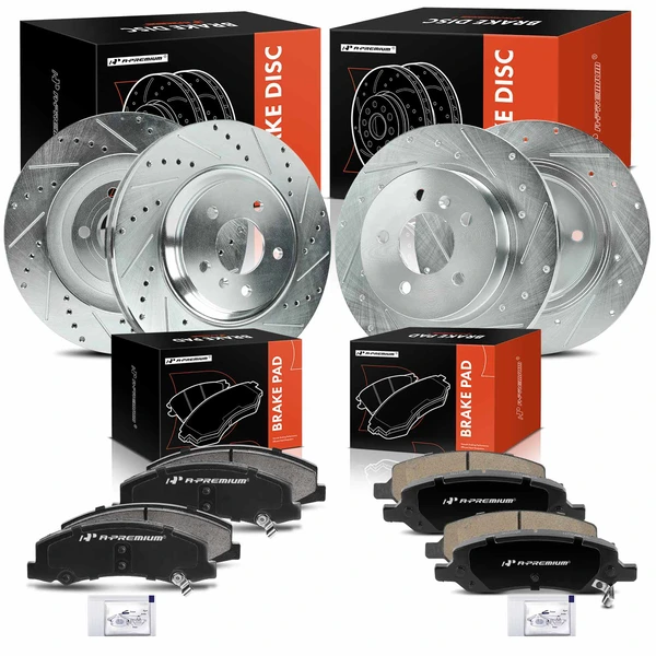 2006-2011 Buick Lucerne Drilled & Slotted Disc Brake Rotors and Ceramic Pads Kit, 12 Pcs, Front & Rear, A-Premium, APBRPS1440