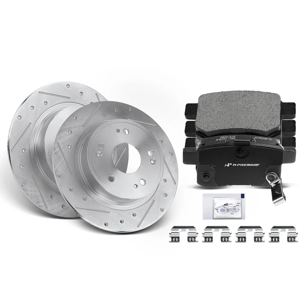 Drilled & Slotted Disc Brake Rotors and Ceramic Pads Kit, 6 Pcs, Rear Driver & Passenger, A-Premium, APBRPS165