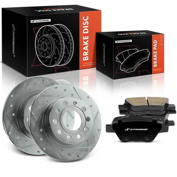 2011-2013 Audi A3 Quattro Drilled & Slotted Disc Brake Rotors and Ceramic Pads Kit, 6 Pcs, Rear Driver & Passenger, A-Premium, APBRPS1396