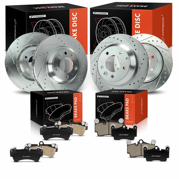 2007-2015 Audi Q7 Drilled & Slotted Disc Brake Rotors and Ceramic Pads Kit, 12 Pcs, Front & Rear, A-Premium, APBRPS1397