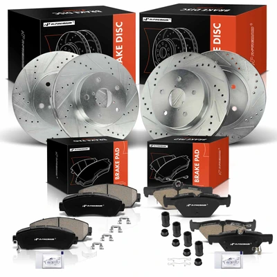 12 Pcs Front & Rear Drilled Rotors & Ceramic Brake Pads