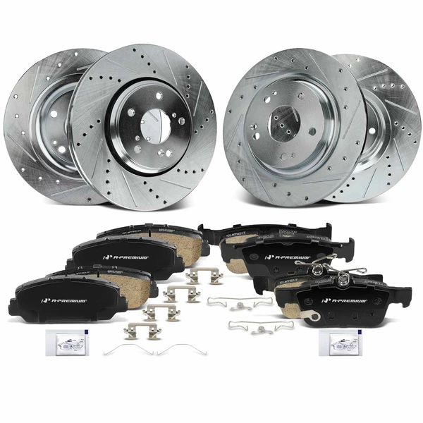 2017-2018 2020 Honda Civic Drilled & Slotted Disc Brake Rotors and Ceramic Pads Kit, 12 Pcs, Front & Rear, A-Premium, APBRPS1340