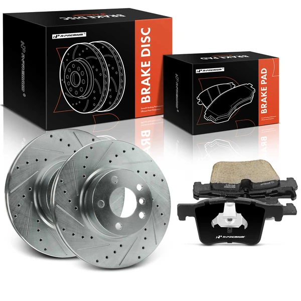2011-2017 BMW X3 Drilled & Slotted Disc Brake Rotors and Ceramic Pads Kit, 6 Pcs, Front Driver & Passenger, A-Premium, APBRPS1399