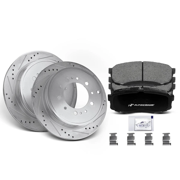 Drilled & Slotted Disc Brake Rotors and Ceramic Pads Kit, 6 Pcs, Rear Driver & Passenger, A-Premium, APBRPS061