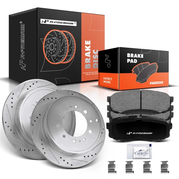 2008-2011 2013-2021 Lexus LX570 Drilled & Slotted Disc Brake Rotors and Ceramic Pads Kit, 6 Pcs, Rear Driver & Passenger, A-Premium, APBRPS061
