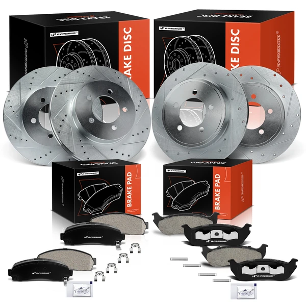 2002-2005 Mercury Mountaineer Drilled & Slotted Disc Brake Rotors and Ceramic Pads Kit, 12 Pcs, Front & Rear, A-Premium, APBRPS450