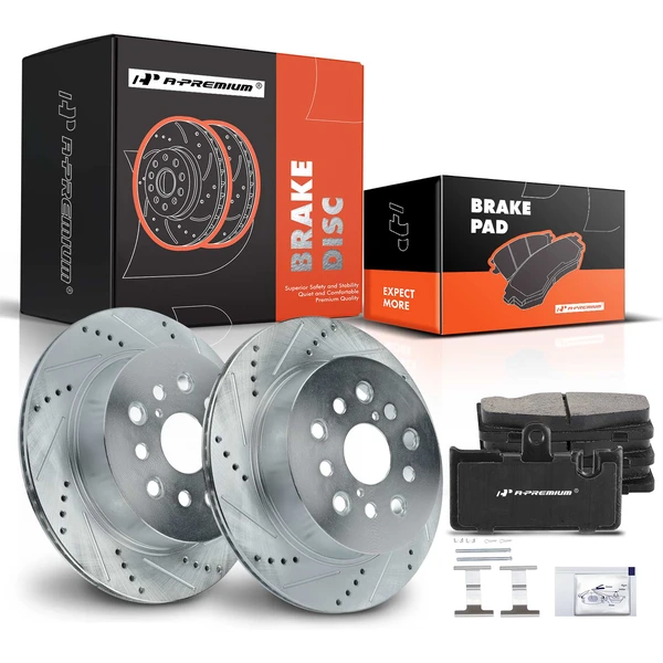 2001-2006 Lexus LS430 Drilled & Slotted Disc Brake Rotors and Ceramic Pads Kit, 6 Pcs, Rear Driver & Passenger, A-Premium, APBRPS680