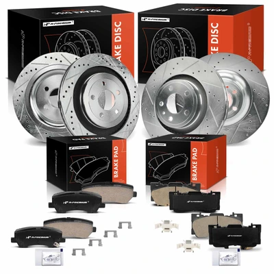 12 Pcs Front & Rear Drilled Rotors & Ceramic Brake Pads