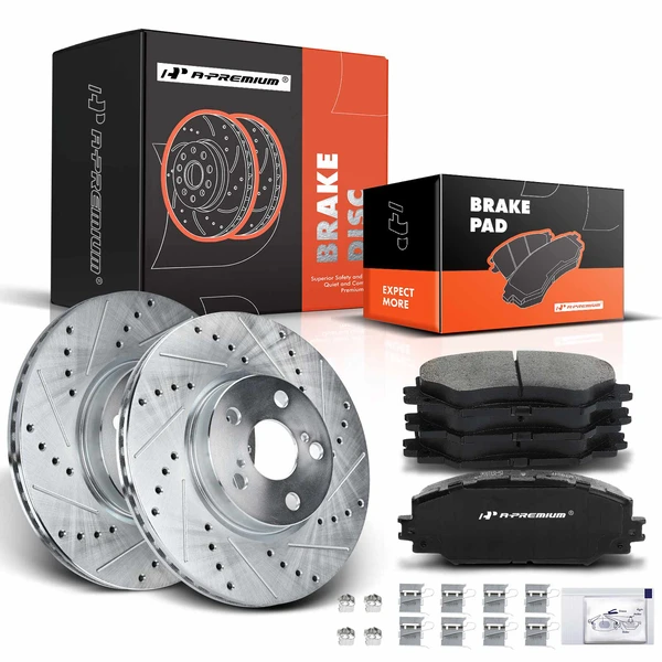 Drilled & Slotted Disc Brake Rotors and Ceramic Pads Kit, 6 Pcs, Front Driver & Passenger, A-Premium, APBRPS322