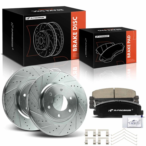 2011-2015 2017-2019 Nissan TITAN Drilled & Slotted Disc Brake Rotors and Ceramic Pads Kit, 6 Pcs, Front Driver & Passenger, A-Premium, APBRPS1402