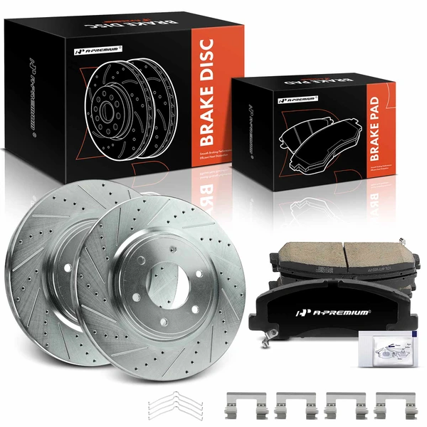 2007-2010 INFINITI QX56 Drilled & Slotted Disc Brake Rotors and Ceramic Pads Kit, 6 Pcs, Front Driver & Passenger, A-Premium, APBRPS1403