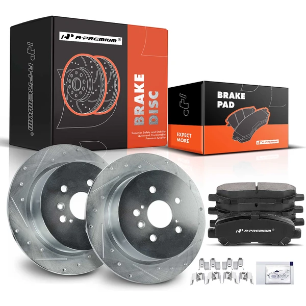 2008-2013 Toyota Highlander Drilled & Slotted Disc Brake Rotors and Ceramic Pads Kit, 6 Pcs, Rear Driver & Passenger, A-Premium, APBRPS681
