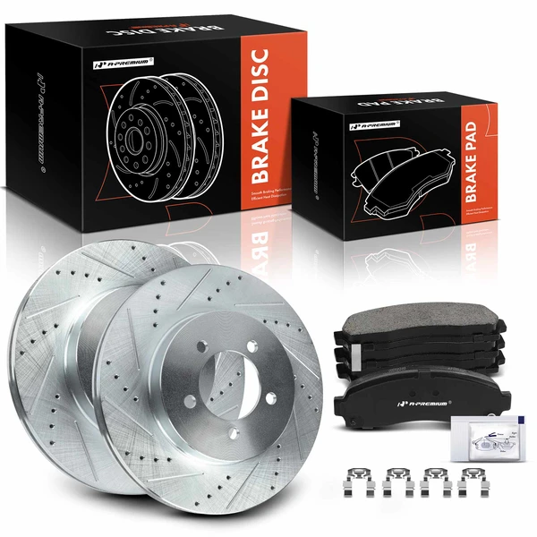 2002-2005 Mercury Mountaineer Drilled & Slotted Disc Brake Rotors and Ceramic Pads Kit, 6 Pcs, Front Driver & Passenger, A-Premium, APBRPS452