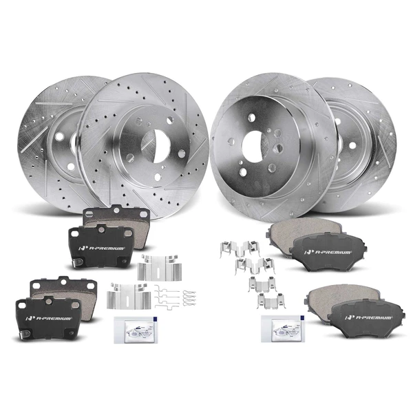 Drilled & Slotted Disc Brake Rotors and Ceramic Pads Kit, 12 Pcs, Front & Rear, A-Premium, APBRPS682