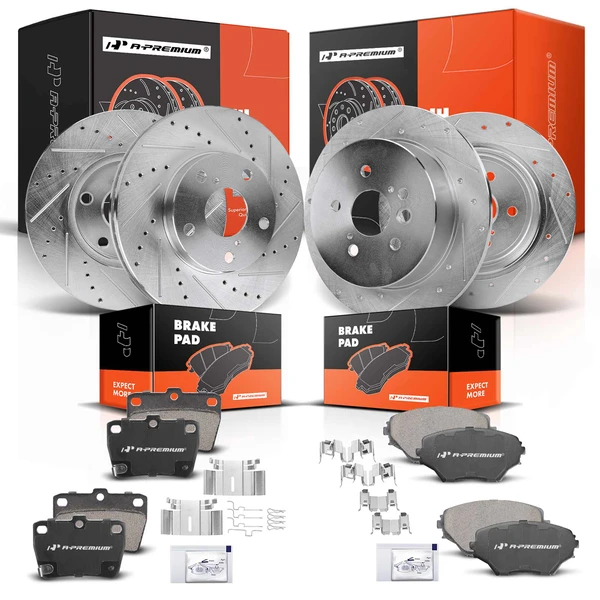 2004-2005 Toyota RAV4 Drilled & Slotted Disc Brake Rotors and Ceramic Pads Kit, 12 Pcs, Front & Rear, A-Premium, APBRPS682