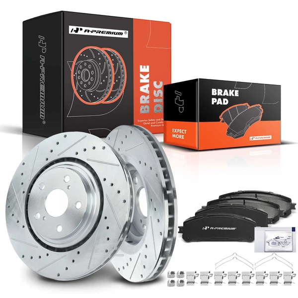 2010-2015 Lexus RX350 Drilled & Slotted Disc Brake Rotors and Ceramic Pads Kit, 6 Pcs, Front Driver & Passenger, A-Premium, APBRPS064