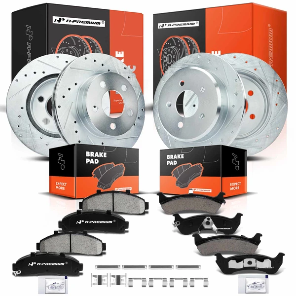 1995-2001 Ford Explorer Drilled & Slotted Disc Brake Rotors and Ceramic Pads Kit, 12 Pcs, Front & Rear, A-Premium, APBRPS325