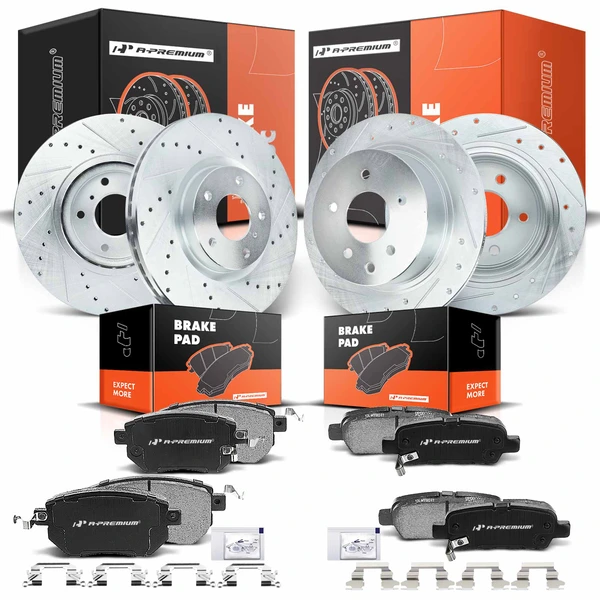 2004-2008 Nissan Maxima Drilled & Slotted Disc Brake Rotors and Ceramic Pads Kit, 12 Pcs, Front & Rear, A-Premium, APBRPS172