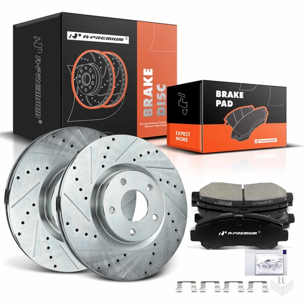 2009-2014 2016-2019 Nissan Maxima Drilled & Slotted Disc Brake Rotors and Ceramic Pads Kit, 6 Pcs, Front Driver & Passenger, A-Premium, APBRPS173