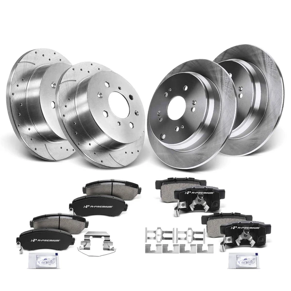 Drilled & Slotted Disc Brake Rotors and Ceramic Pads Kit, 12 Pcs, Front & Rear, A-Premium, APBRPS171