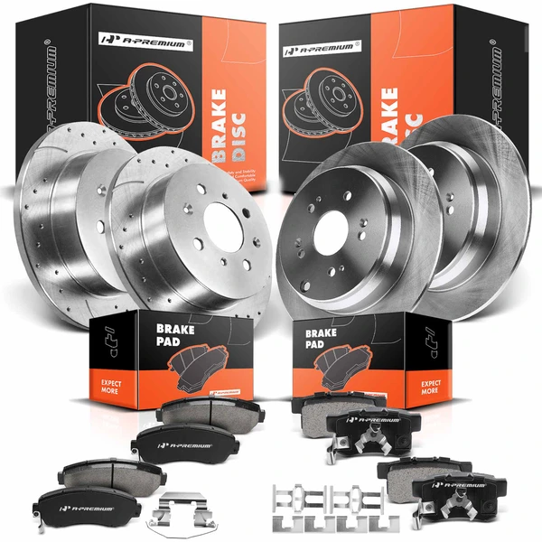 2007-2016 Honda CR-V Drilled & Slotted Disc Brake Rotors and Ceramic Pads Kit, 12 Pcs, Front & Rear, A-Premium, APBRPS171