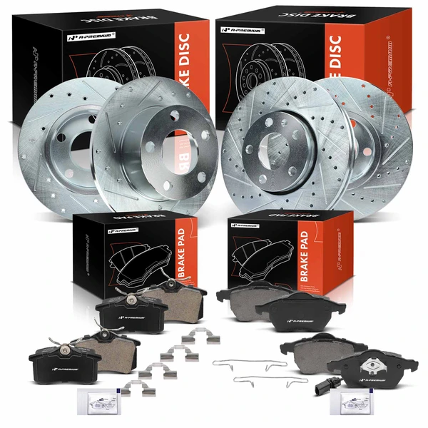 2000-2001 Audi A6 Drilled & Slotted Disc Brake Rotors and Ceramic Pads Kit, 12 Pcs, Front & Rear, A-Premium, APBRPS455