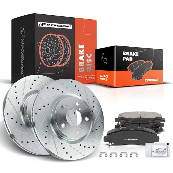 2009-2014 Acura TL Drilled & Slotted Disc Brake Rotors and Ceramic Pads Kit, 6 Pcs, Front Driver & Passenger, A-Premium, APBRPS683