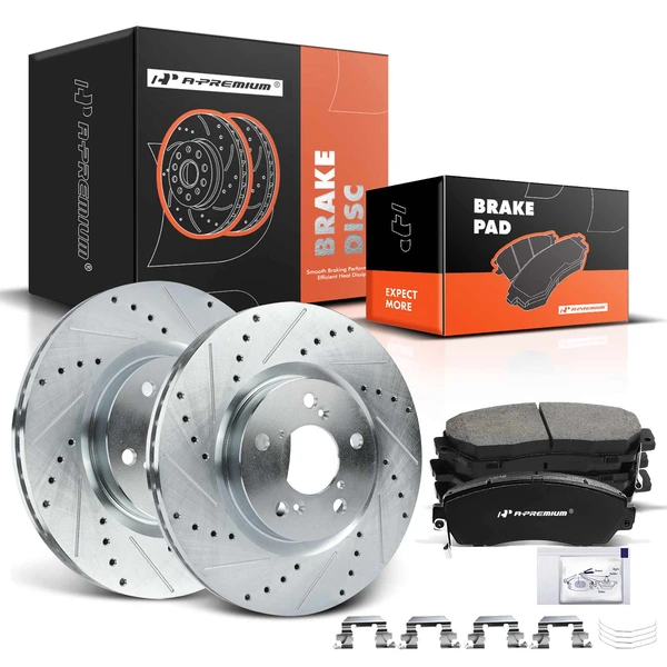 2011-2014 Honda Odyssey Drilled & Slotted Disc Brake Rotors and Ceramic Pads Kit, 6 Pcs, Front Driver & Passenger, A-Premium, APBRPS684