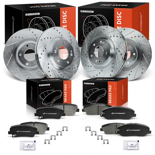 2013-2016 Hyundai Santa Fe Drilled & Slotted Disc Brake Rotors and Ceramic Pads Kit, 12 Pcs, Front & Rear, A-Premium, APBRPS453