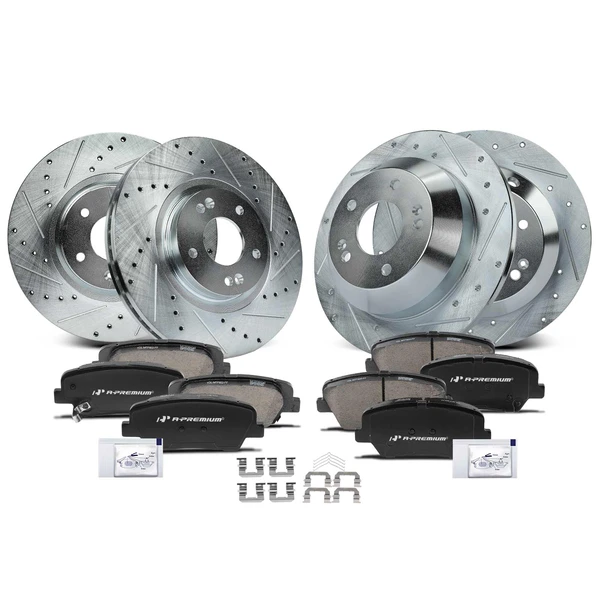 2016-2019 Kia Sorento Drilled & Slotted Disc Brake Rotors and Ceramic Pads Kit, 12 Pcs, Front & Rear, A-Premium, APBRPS1046