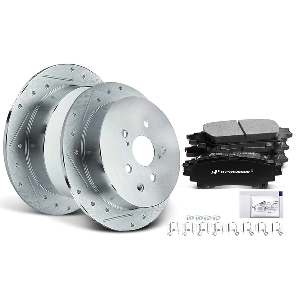 2010-2015 Lexus RX450h Drilled & Slotted Disc Brake Rotors and Ceramic Pads Kit, 6 Pcs, Rear Driver & Passenger, A-Premium, APBRPS175