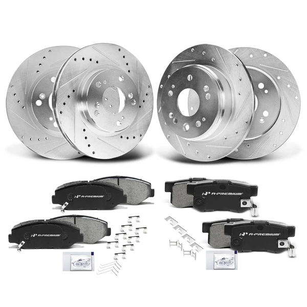 Drilled & Slotted Disc Brake Rotors and Ceramic Pads Kit, 12 Pcs, Front & Rear, A-Premium, APBRPS174