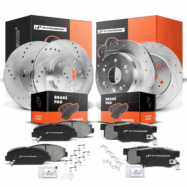 2002-2004 Honda CR-V Drilled & Slotted Disc Brake Rotors and Ceramic Pads Kit, 12 Pcs, Front & Rear, A-Premium, APBRPS174