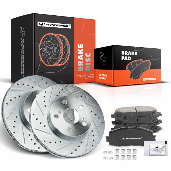 2011-2017 Lexus CT200h Drilled & Slotted Disc Brake Rotors and Ceramic Pads Kit, 6 Pcs, Front Driver & Passenger, A-Premium, APBRPS686