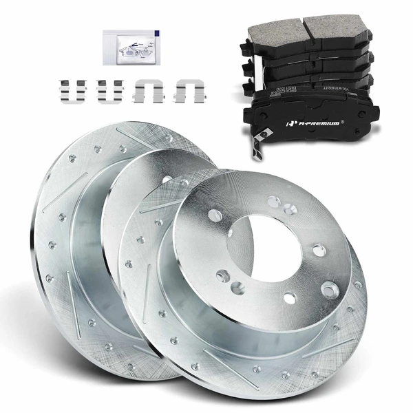 Drilled & Slotted Disc Brake Rotors and Ceramic Pads Kit, 6 Pcs, Rear Driver & Passenger, A-Premium, APBRPS326