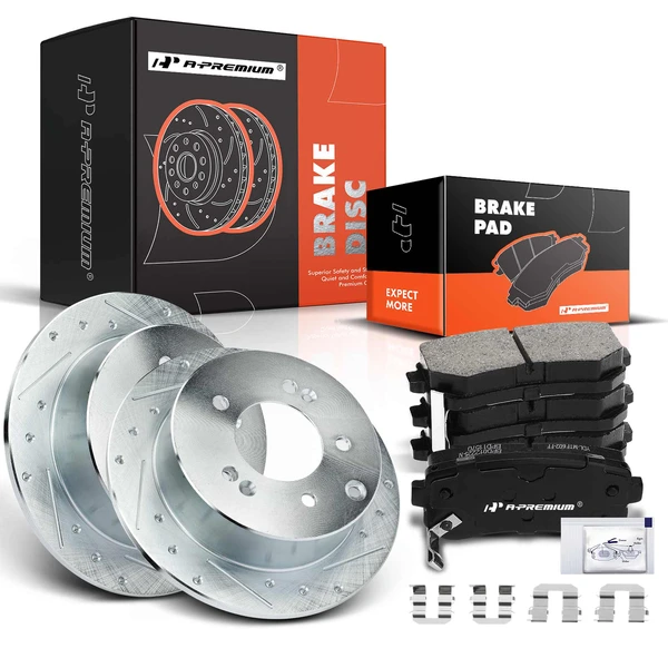 2012 Kia Forte5 Drilled & Slotted Disc Brake Rotors and Ceramic Pads Kit, 6 Pcs, Rear Driver & Passenger, A-Premium, APBRPS326