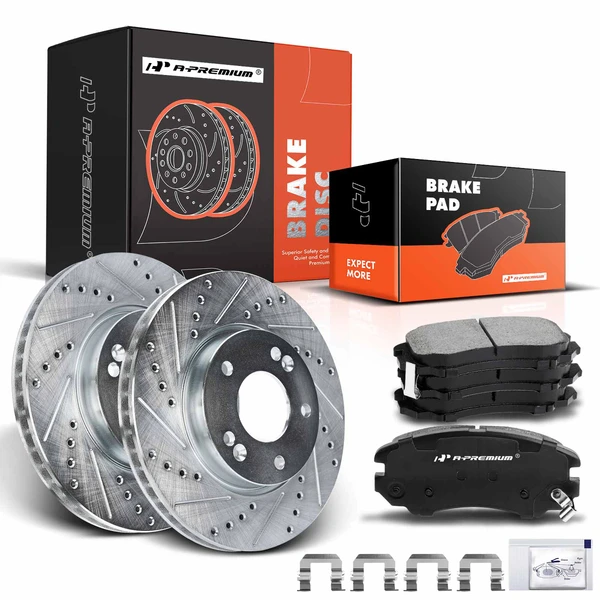 2010-2011 Kia Soul Drilled & Slotted Disc Brake Rotors and Ceramic Pads Kit, 6 Pcs, Front Driver & Passenger, A-Premium, APBRPS327