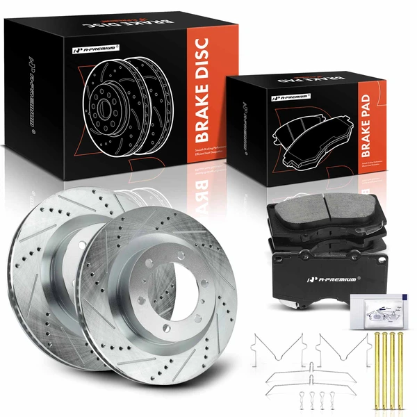 2010-2021 Lexus GX460 Drilled & Slotted Disc Brake Rotors and Ceramic Pads Kit, 6 Pcs, Front Driver & Passenger, A-Premium, APBRPS459