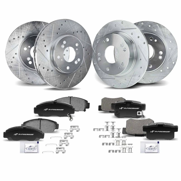 Drilled & Slotted Disc Brake Rotors and Ceramic Pads Kit, 12 Pcs, Front & Rear, A-Premium, APBRPS176