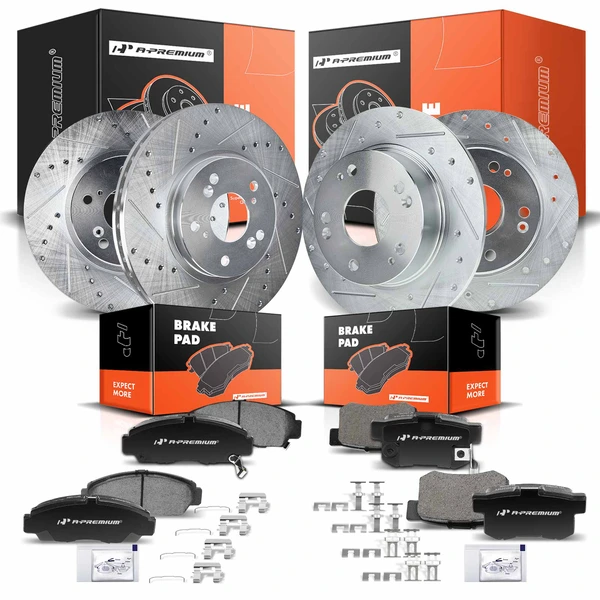 2004-2008 Acura TSX Drilled & Slotted Disc Brake Rotors and Ceramic Pads Kit, 12 Pcs, Front & Rear, A-Premium, APBRPS176