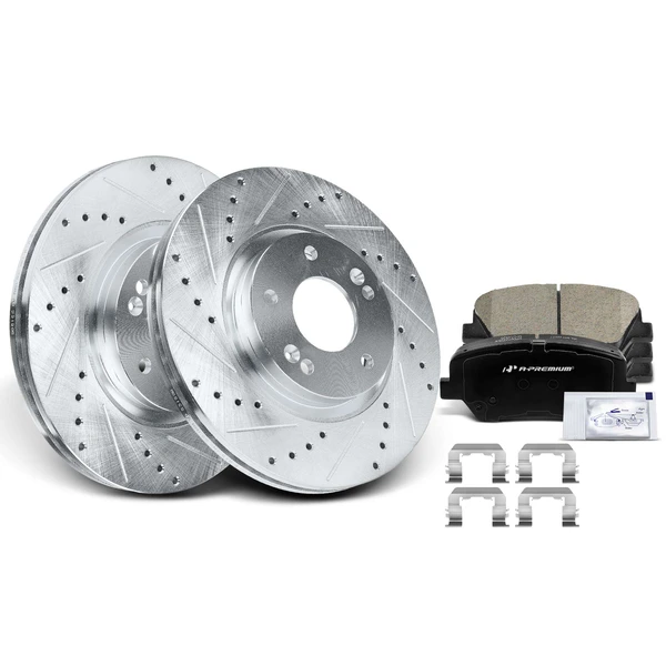 2011-2013 Kia Sorento Drilled & Slotted Disc Brake Rotors and Ceramic Pads Kit, 6 Pcs, Front Driver & Passenger, A-Premium, APBRPS1067