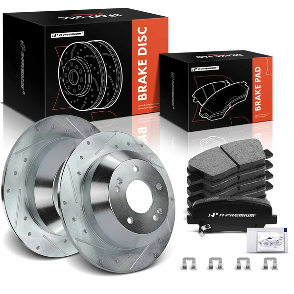 2011-2014 Kia Sorento Drilled & Slotted Disc Brake Rotors and Ceramic Pads Kit, 6 Pcs, Rear Driver & Passenger, A-Premium, APBRPS458