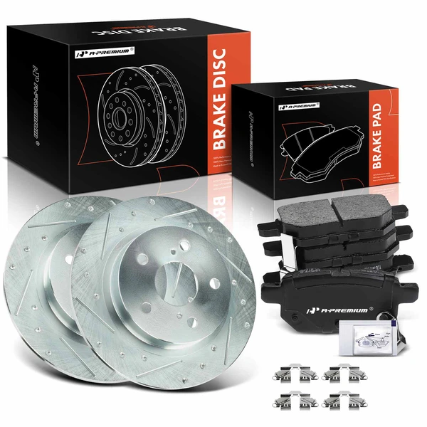 2011-2016 Scion tC Drilled & Slotted Disc Brake Rotors and Ceramic Pads Kit, 6 Pcs, Rear Driver & Passenger, A-Premium, APBRPS1454