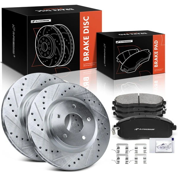 2017 Nissan Sentra Drilled & Slotted Disc Brake Rotors and Ceramic Pads Kit, 6 Pcs, Front Driver & Passenger, A-Premium, APBRPS460